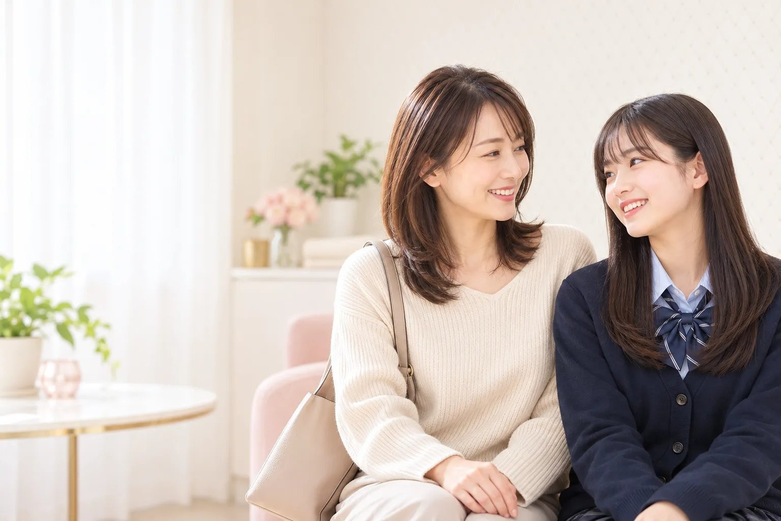 母親と女子高校生が笑顔で相談する学生脱毛のイメージ